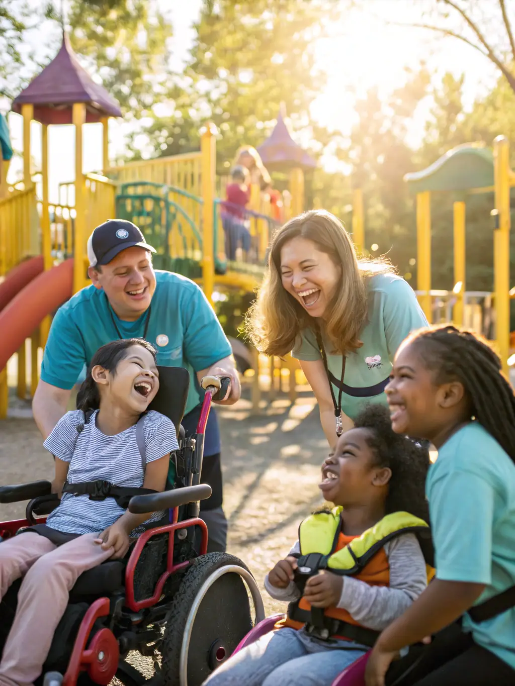 A photo of volunteers assisting individuals with disabilities in a recreational activity, highlighting APEI 78's volunteer programs.
