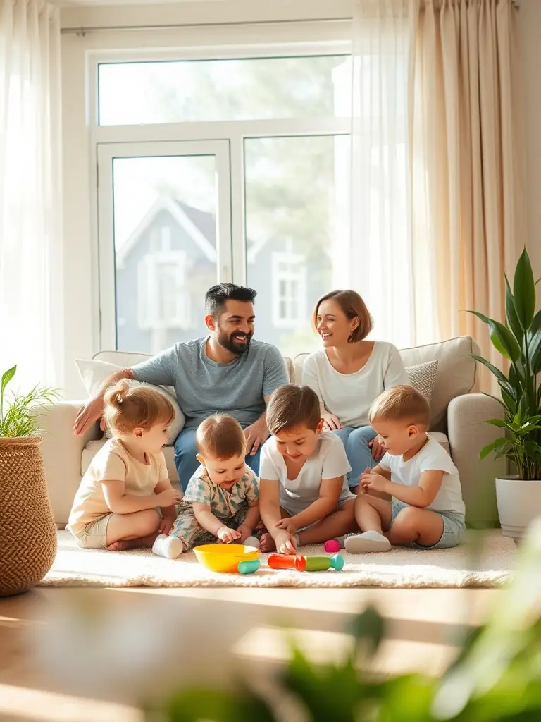 A heartwarming image of a family interacting with a child with a smile, representing APEI 78's family support program.