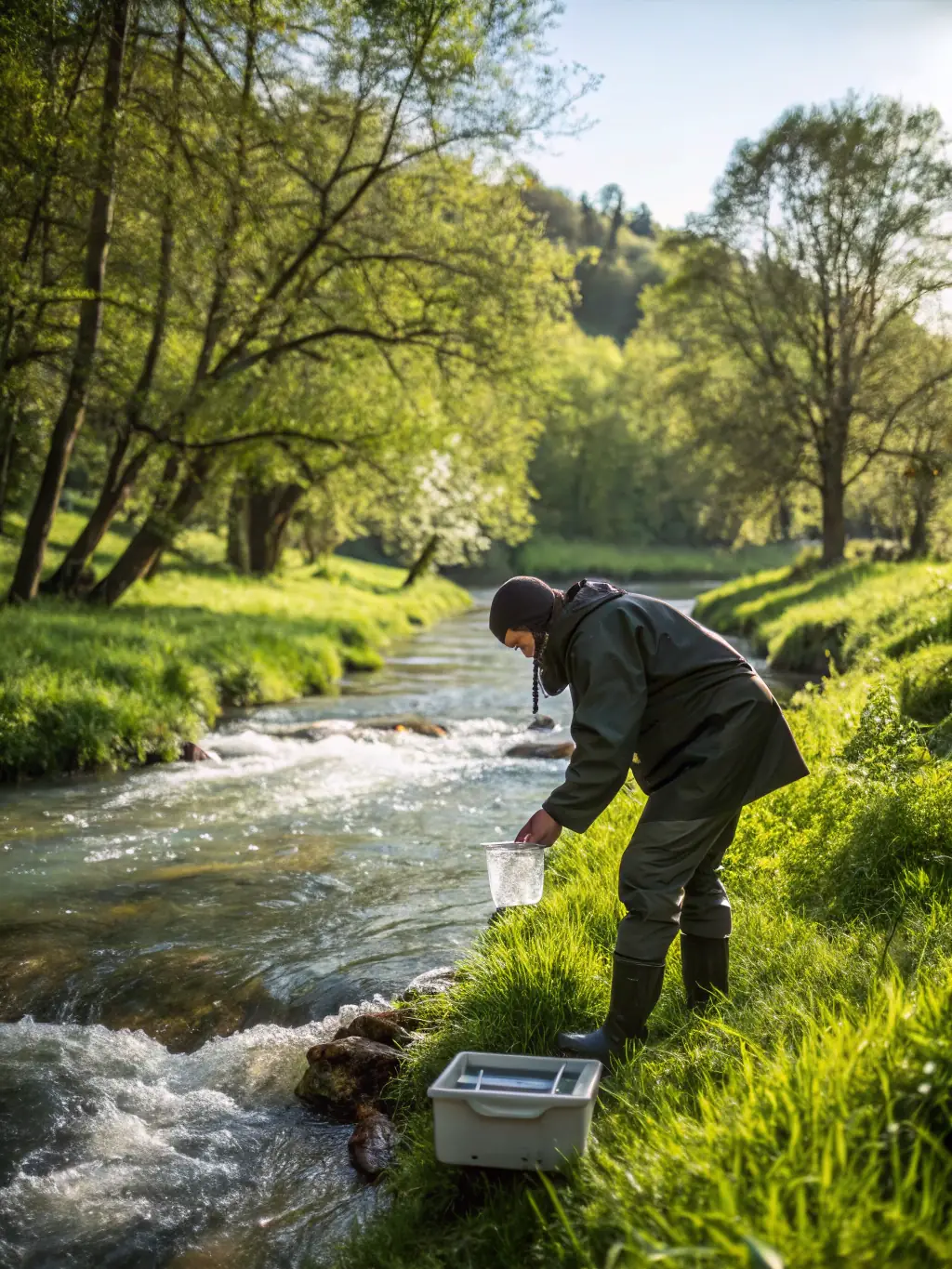 A picture of a SAONE & DOUBS team member conducting water quality testing in a local river, with scientific equipment visible.