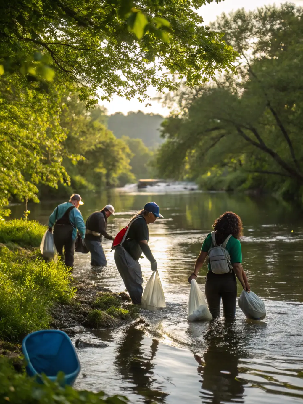 A photograph of a SAONE & DOUBS-organized community cleanup event along a riverbank, with participants collecting litter and debris.