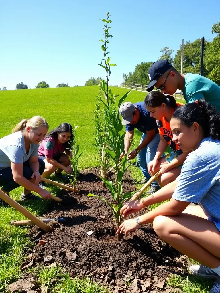 A photograph showcasing volunteers planting native vegetation along a riverbank, emphasizing community involvement in habitat restoration.