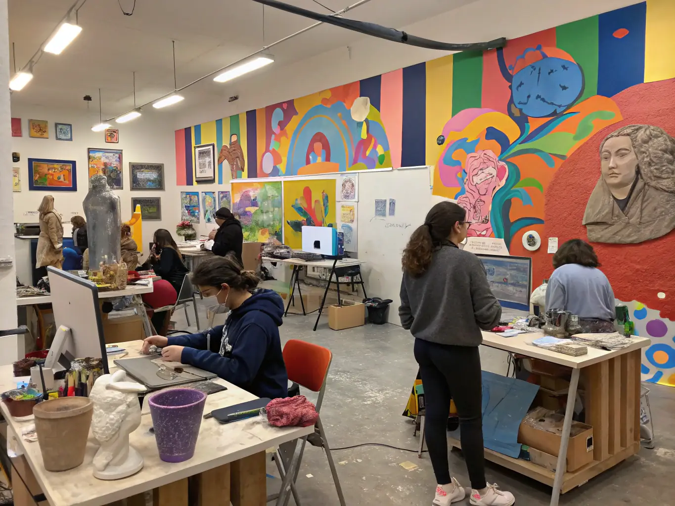 Participants in an artistic workshop, focused on creating visual art pieces, with instructors guiding them through various techniques and materials in a bright, creative studio space.
