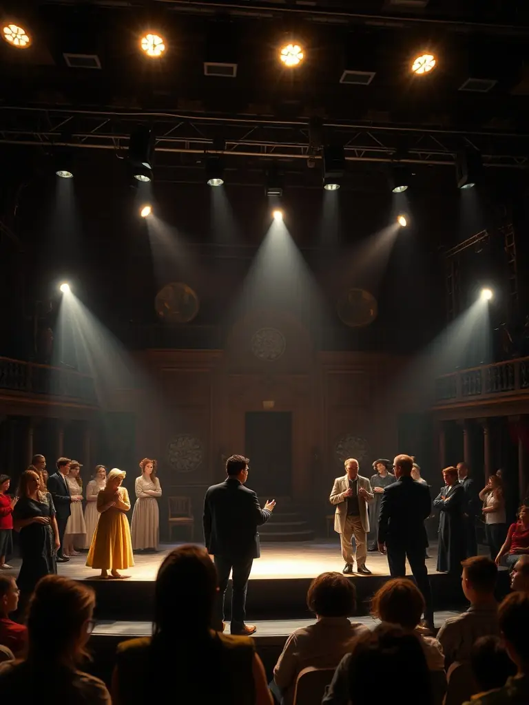 A vibrant stage scene with actors performing a contemporary play, highlighting dynamic lighting and expressive gestures, showcasing SICECISESAIT's Theater Productions.