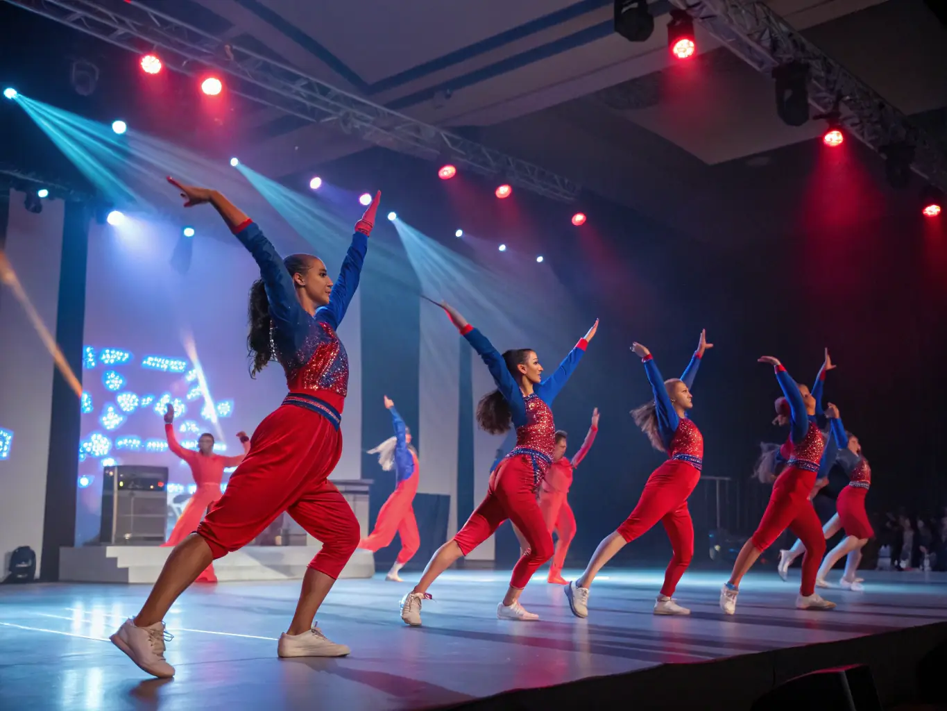 A group of dancers performing a contemporary routine on stage, with fluid movements and expressive gestures, set against a backdrop of abstract art projections.